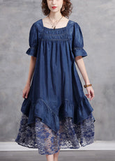 Vestido vaquero de algodón con cuello cuadrado azul único, de patchwork, encaje y manga corta